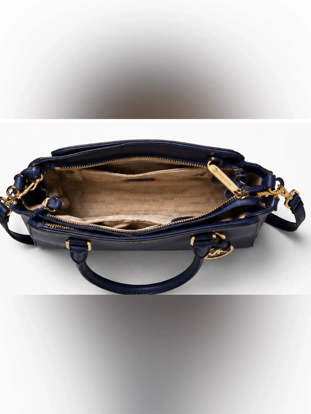 Michael Kors Navy Saffiano Satchel with Gold MK Charm